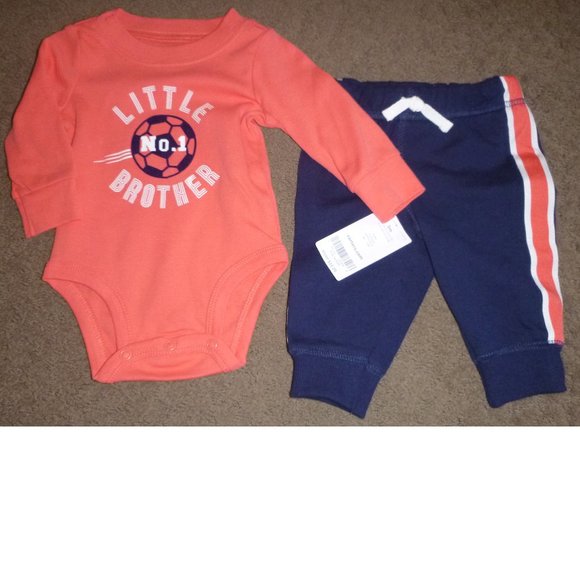 Boys Carters 2 Piece #1 Little Brother Bodysuit Pant Set Size 3 9 24 months NWT - Picture 1 of 3